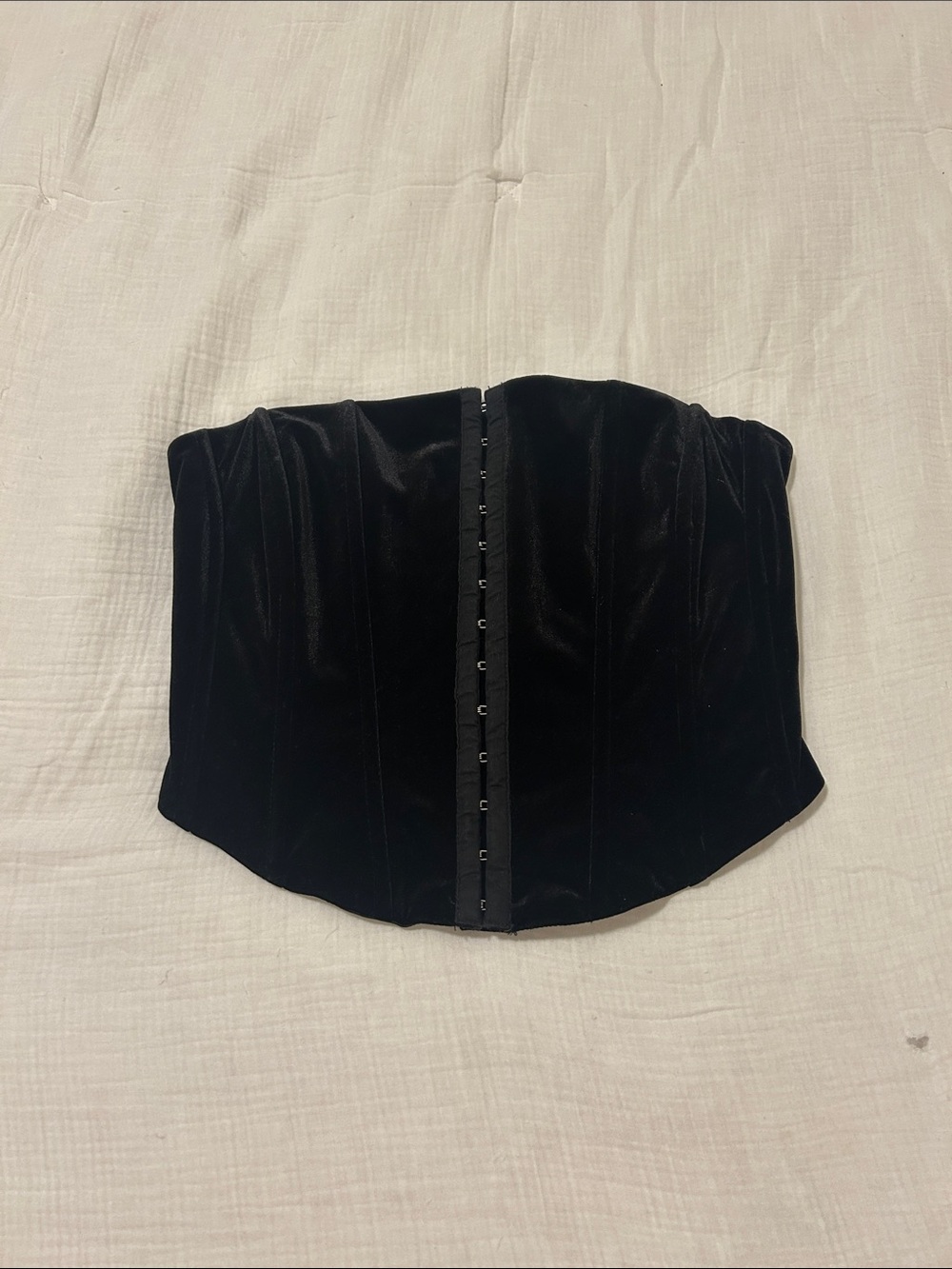 Women’s Black Velvet Cropped Corset Top - Strapless Hook Front Size XS